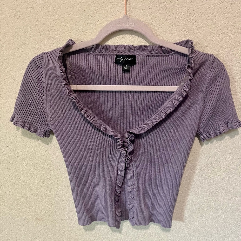 Lush Lavender Ruffle-Trim Ribbed Tie-Front Crop Top